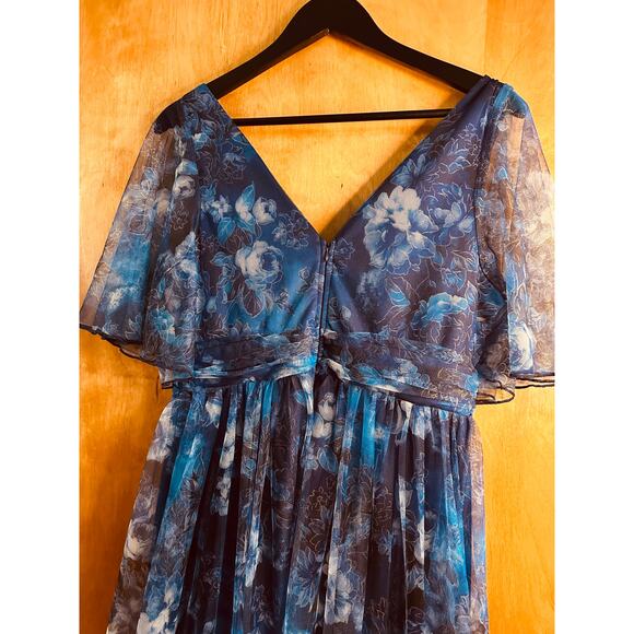 Women's Navy V-Neck Bell Sleeve Floral Print High-Low Hemline Maxi Dress Size L - Picture 8 of 10